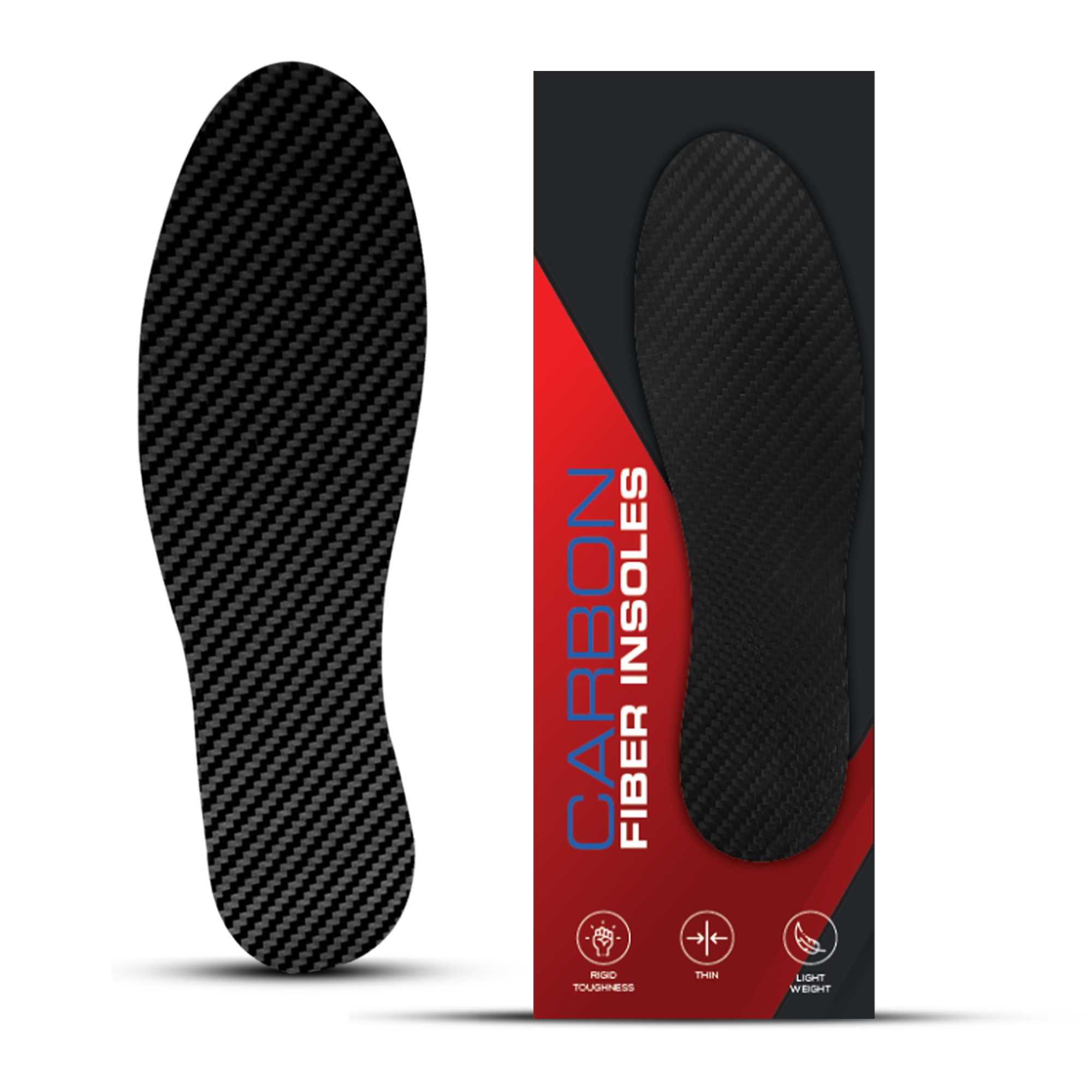 Carbon Fiber Insole flat lay next to its black and red retail packaging box showing Rigid Toughness, Thin, and Lightweight icons
